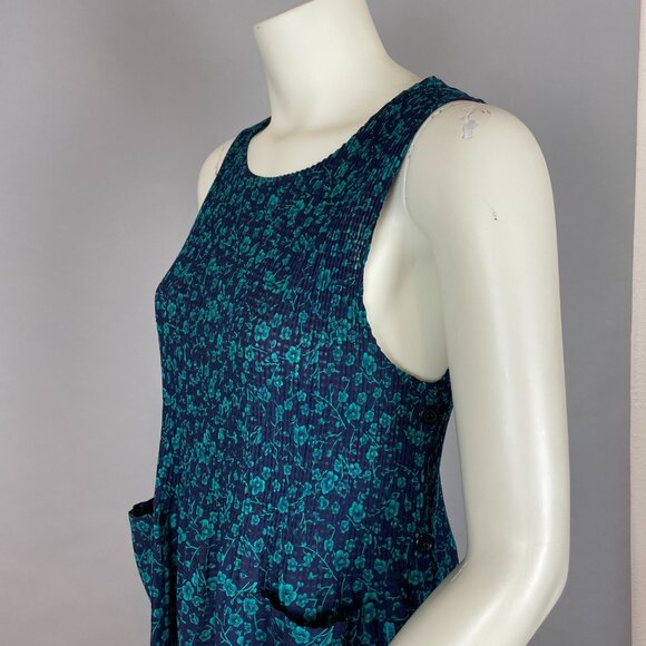 Floral Tunic Top Button-Side Shirred Sleeveless‎ Semi-Sheer Blue Teal Pockets - Picture 9 of 11
